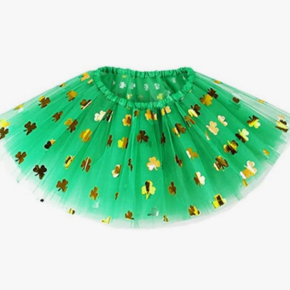 Green Tulle Skirt with Gold and White Clover Accents